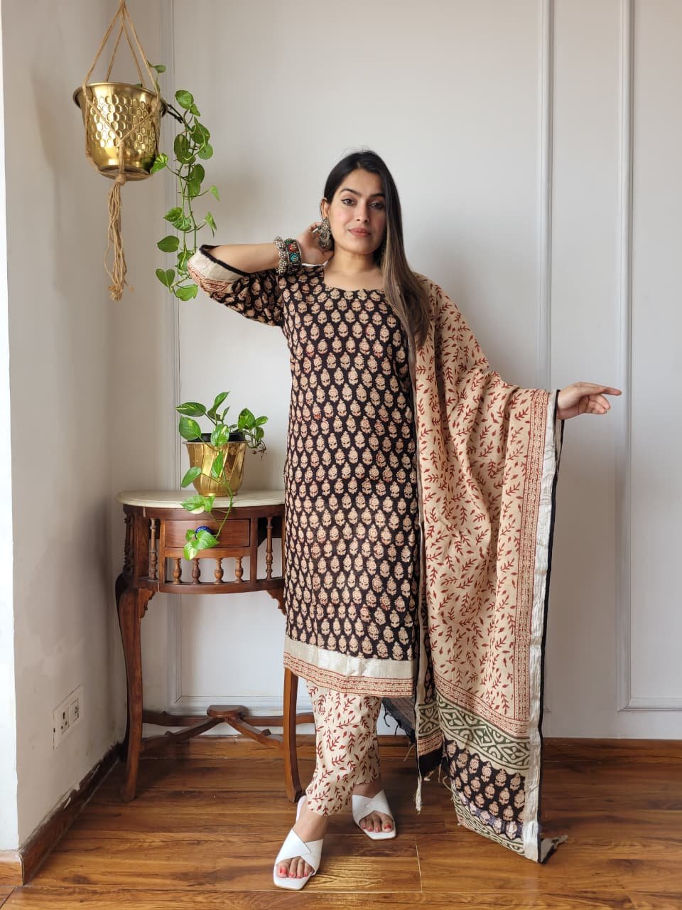Black Bagru Hand Block Printed Linen Suit Set